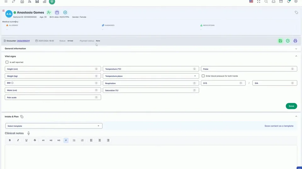 Intellia EHR platform clinical workflow interface
