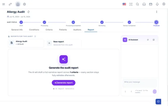 MEDEX audit workspace showing an allergy audit progressing to a finalized AI-drafted report